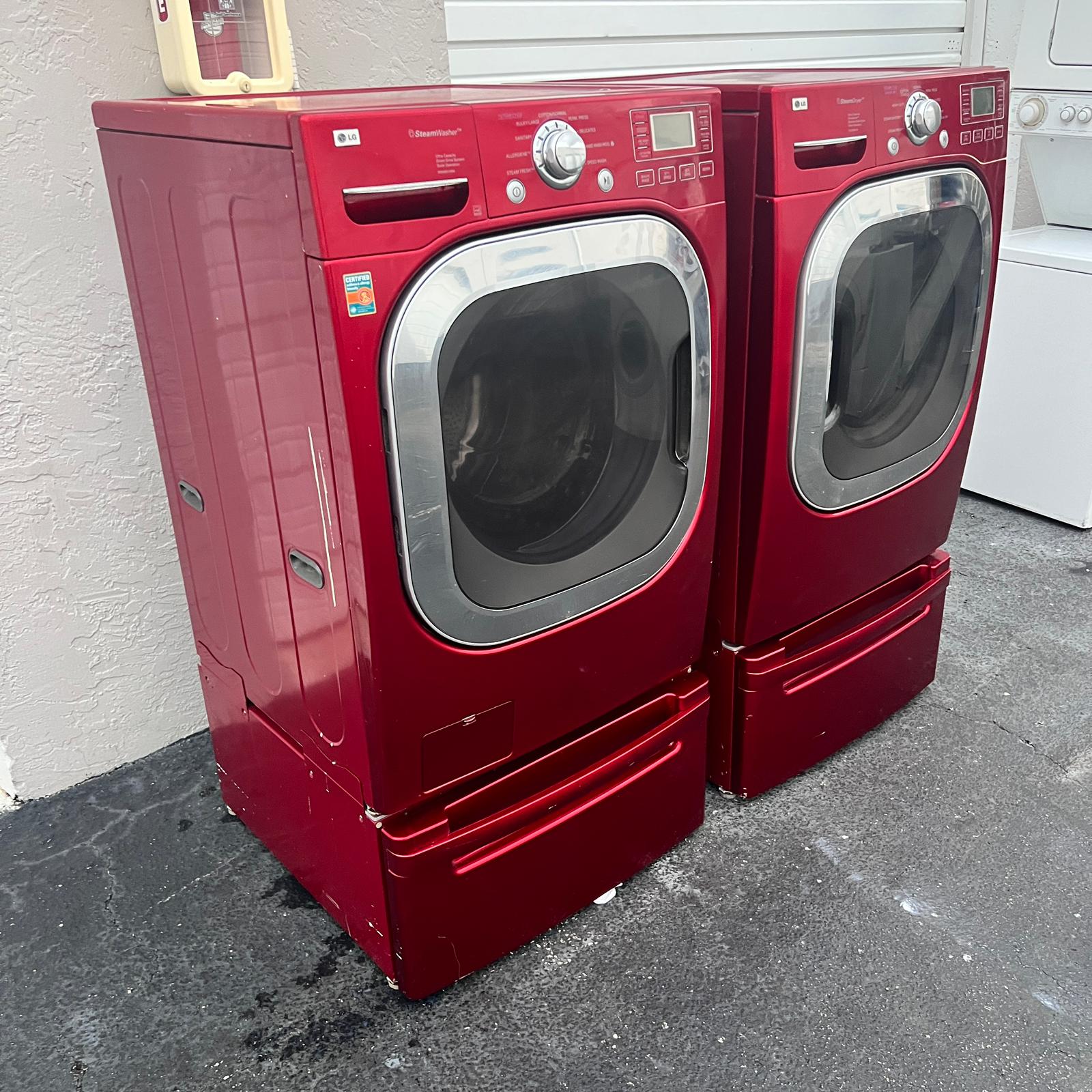 LG Washer and Dryer Front Load with Pedestal Set - Red