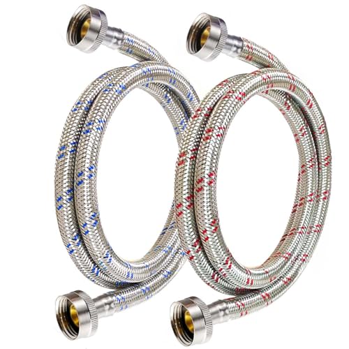 Premium 4 Ft Stainless Steel Washing Machine Hoses - 2-Pack Burst-Proof Washer Supply Lines for Hot and Cold Water - 3/4” FHT Standard Connection