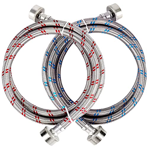 4ft Premium Stainless Steel Washing Machine Hoses Burst Proof 2 Pack by Techecook - Hot and Cold Water Supply Hoses for ALL Washer - 10 YEARS WARRANTY