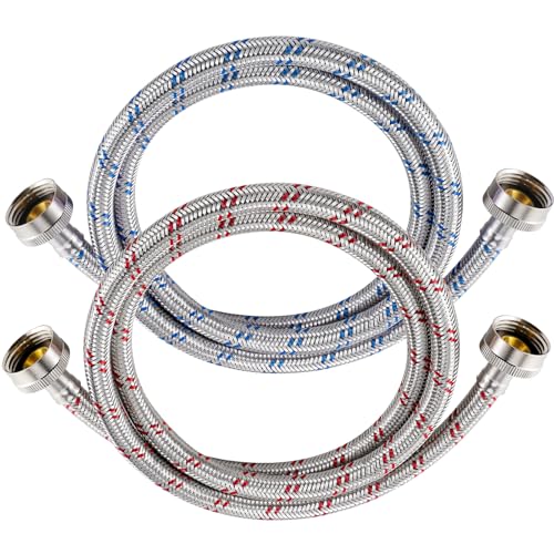 Yejesiy 4 Ft Washing Machine Hoses, 2 Packs Premium Stainless Steel Washer Hoses Burst Proof, Hot and Cold Striped Water Supply Hoses with 3/4'' Standard Interface fit for ALL Washer