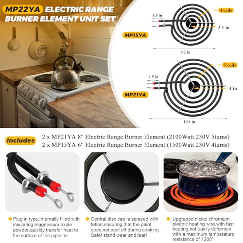 2026 MP22YA Electric Range Burner Element Unit Set with 330031 Range Burner Receptacle Kit & 5304430149 5304430150 Porcelain Drip Pan Set for Frigidaire Whirlpool Kenmore Maytag Range Oven - Image 4