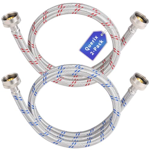 Querix 2-Pack 4Ft Washing Machine Hoses for All Washers, Water Supply Hookup, Braided Stainless Steel, Burst Proof Flexible EPDM Core, Brass Nuts - Colored Hot/Cold Lines, 3/4 in. FHT x 3/4 in. FHT
