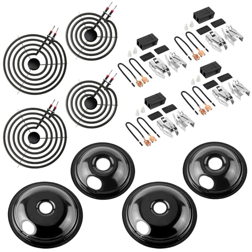2026 MP22YA Electric Range Burner Element Unit Set with 330031 Range Burner Receptacle Kit & 5304430149 5304430150 Porcelain Drip Pan Set for Frigidaire Whirlpool Kenmore Maytag Range Oven