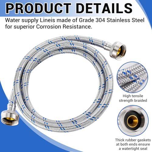Yejesiy 4 Ft Washing Machine Hoses, 2 Packs Premium Stainless Steel Washer Hoses Burst Proof, Hot and Cold Striped Water Supply Hoses with 3/4'' Standard Interface fit for ALL Washer - Image 6