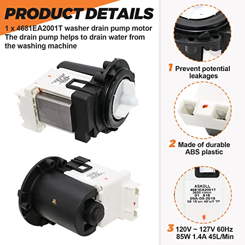 4681EA2001T Washer Drain Pump OEM Motor Replace for Kenmore & LG Washing Machine Replacement AP5328388 4681EA1007G 4681EA1007D Fit for Drain Pump Washing Machine WM2101HW WM3270CW WM3431HS WM3770HVA - Image 4