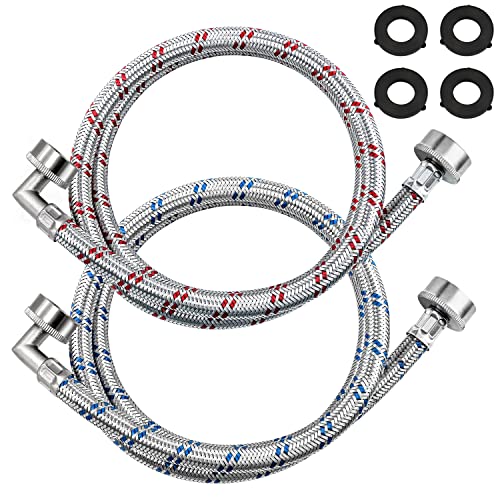 【UPGRADED】4FT Stainless Steel Washer Hoses with 90 Degree Elbows by Beaquicy - 2 Pack No-Lead Burst Proof Hot & Cold Water Connection Inlet Washer Supply Lines