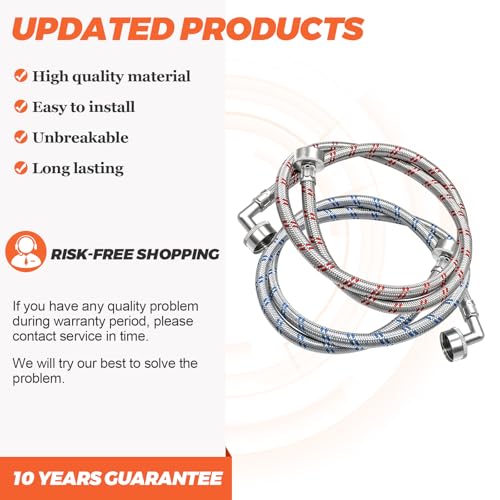 6FT Washer Stainless Steel Hoses with 90 Degree Elbows by Beaquicy - Burst Proof 3/4" FHT Standard Thread - 2 Pack Red and Blue Braided Hoses for Hot and Cold Water Supply - 10 Year Warranty - Image 6