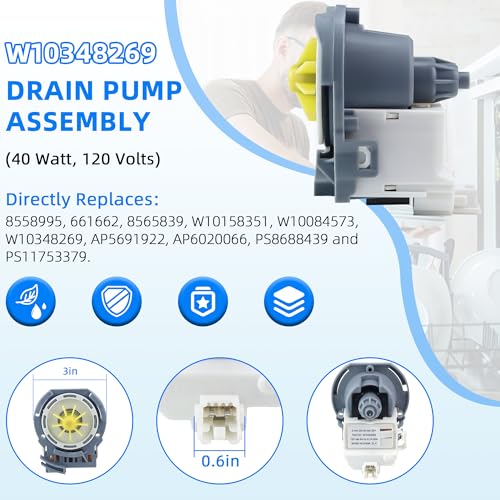 W10348269 Dishwasher Drain Pump Fit for Kenmore Whirlpool may-tag Dishwasher WDT750SAHZ0, WDF520PADM7, WDT730PAHZ0, WPW10348269, W10084573, W10158351, AP6020066, 661662, 8565839, 8558995 by AMI PARTS - Image 4