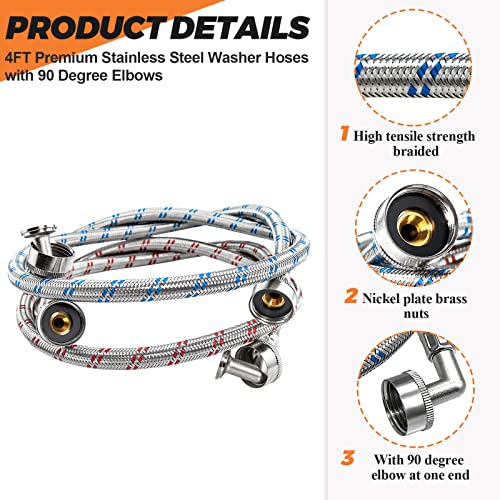 【UPGRADED】4FT Stainless Steel Washer Hoses with 90 Degree Elbows by Beaquicy - 2 Pack No-Lead Burst Proof Hot & Cold Water Connection Inlet Washer Supply Lines - Image 4