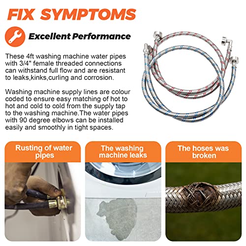 【UPGRADED】4FT Stainless Steel Washer Hoses with 90 Degree Elbows by Beaquicy - 2 Pack No-Lead Burst Proof Hot & Cold Water Connection Inlet Washer Supply Lines - Image 6