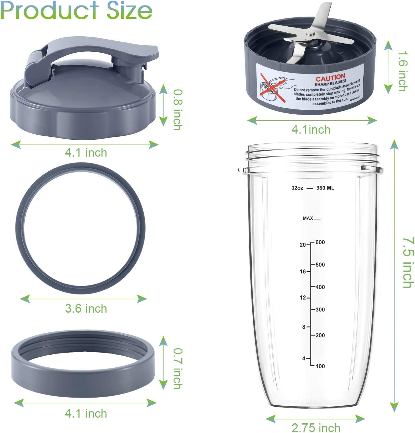 7 Pieces nutribullet Blender Cups & Blade Replacement Set 32oz Huge Cup with 1 Flip-Top To-Go Lid and 1 Lid Ring & Premium Extractor Blade with Compatible with NutriBullet 600w/900w Blender - Image 4