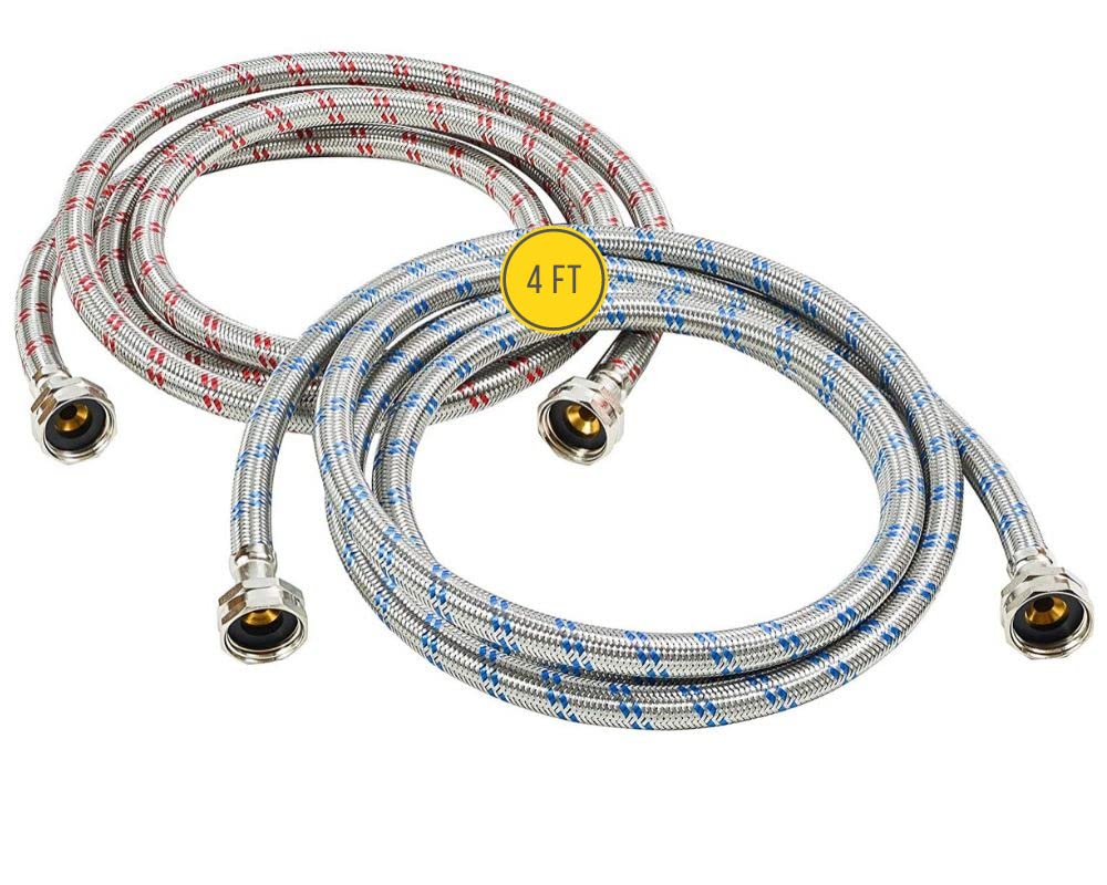 Washing Machine Hoses (4FT) - OCT Connect for Easy & Secure Tightening - Universal Fit to All Wash Machines - (2 Pack) Braided Stainless Steel