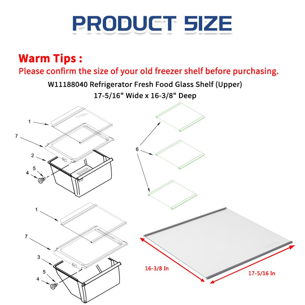 [Upgraded] W11188040 Refrigerator Fresh Food Glass Shelf (Upper) fit for Whirlpool/Maytag Refrigerators, Replaces W11135529, 4547258, AP6286990, PS12348757 (1 Pack)