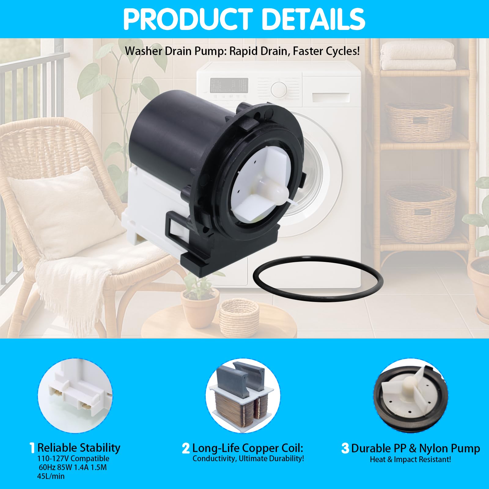 WM9000HVA WM3470HVA WM4270HVA WM3270CW Washer Drain Pump Motor - Image 3
