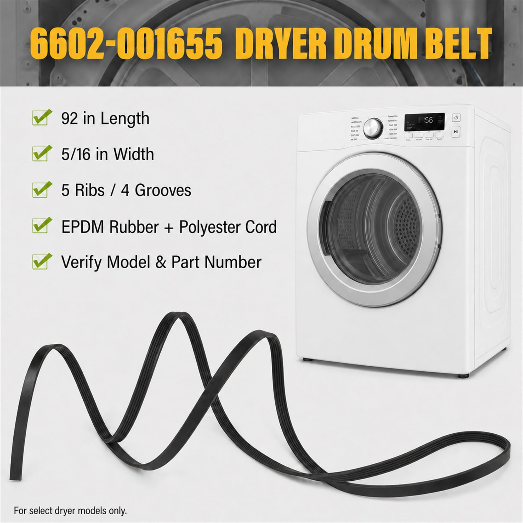 JZWON 6602-001655 Dryer Drum Drive Belt, 92-Inch x 5/16-Inch, 5-Rib 4-Groove Replacement for Select Samsung and Kenmore Dryers, Replaces 6602-001314, AP4373659, PS4133825 - Image 6