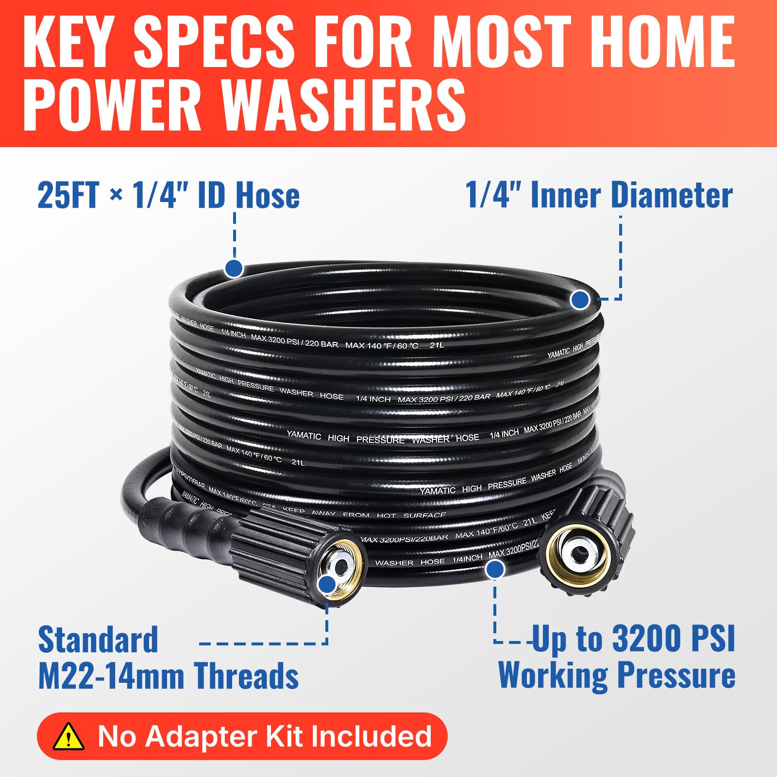 YAMATIC Pressure Washer Hose 25 FT 1/4", M22-14mm Females - Image 7