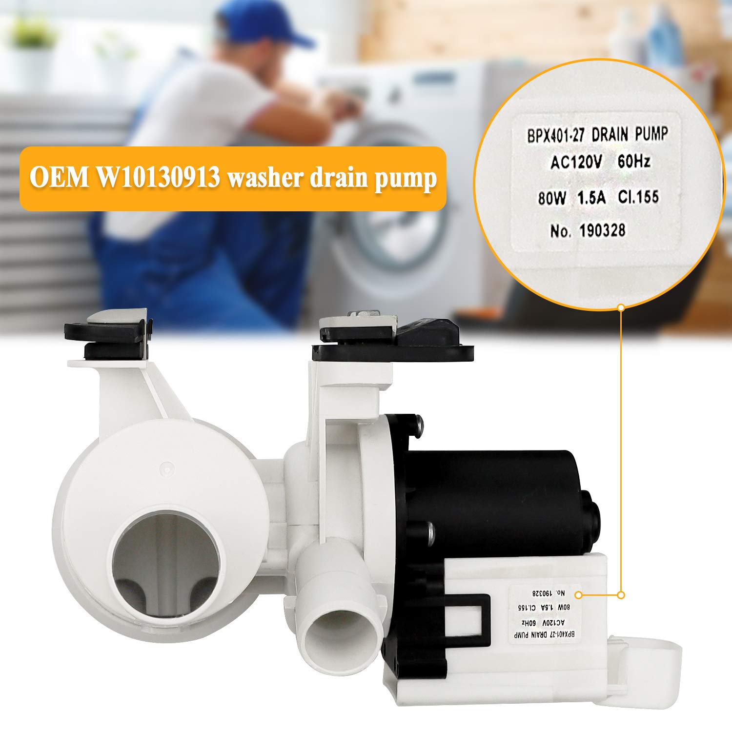 WPW10730972 W10130913 W10130913-B Washer Drain Pump Assembly-Exact for Whirlpool Duet Washer,Maytag 2000 3000 4000 Series,Kenmore he2t plus, Replaces 8540024 W10117829 by TOMOON - Image 4