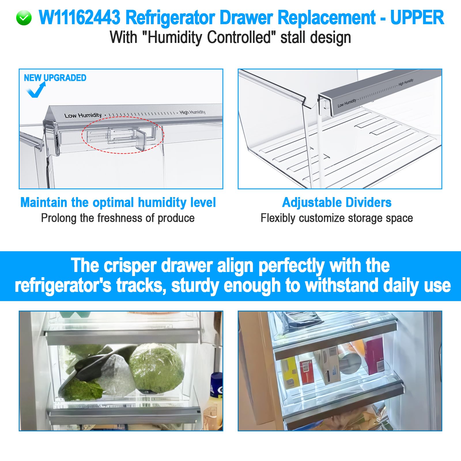 ALVAR W11162443 Refrigerator Crisper Drawer For Whirlpool Fridge Drawer - Image 3