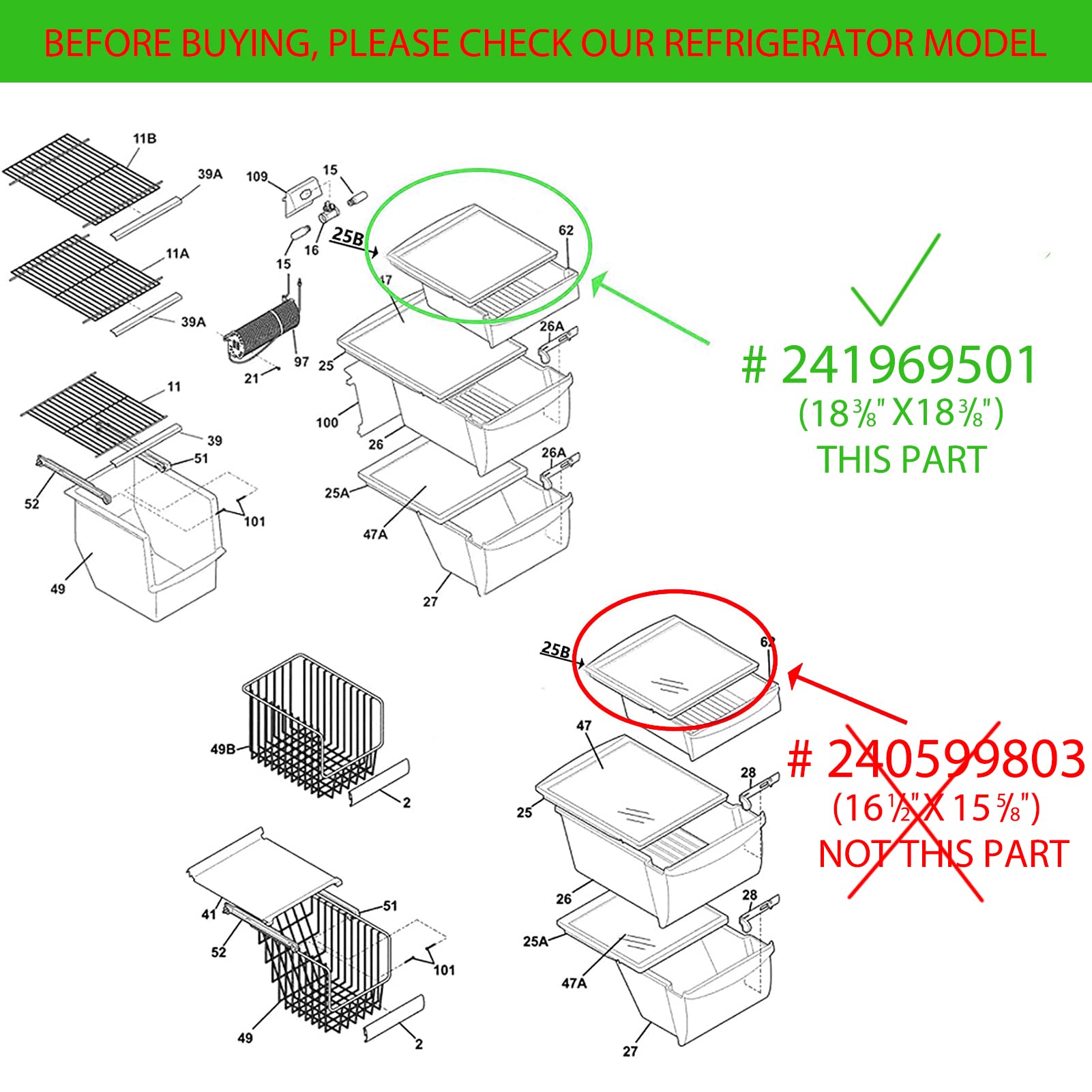 241969501 Shelf Frame without Glass Refrigerator, Refrigerator Compatible with Frigidaire Shelf Replacement Refrigerator Crisper Drawer Pan Cover Parts LFSS2612TF0, FGHS2631PF4A, FFSS2615TS0 Shelves