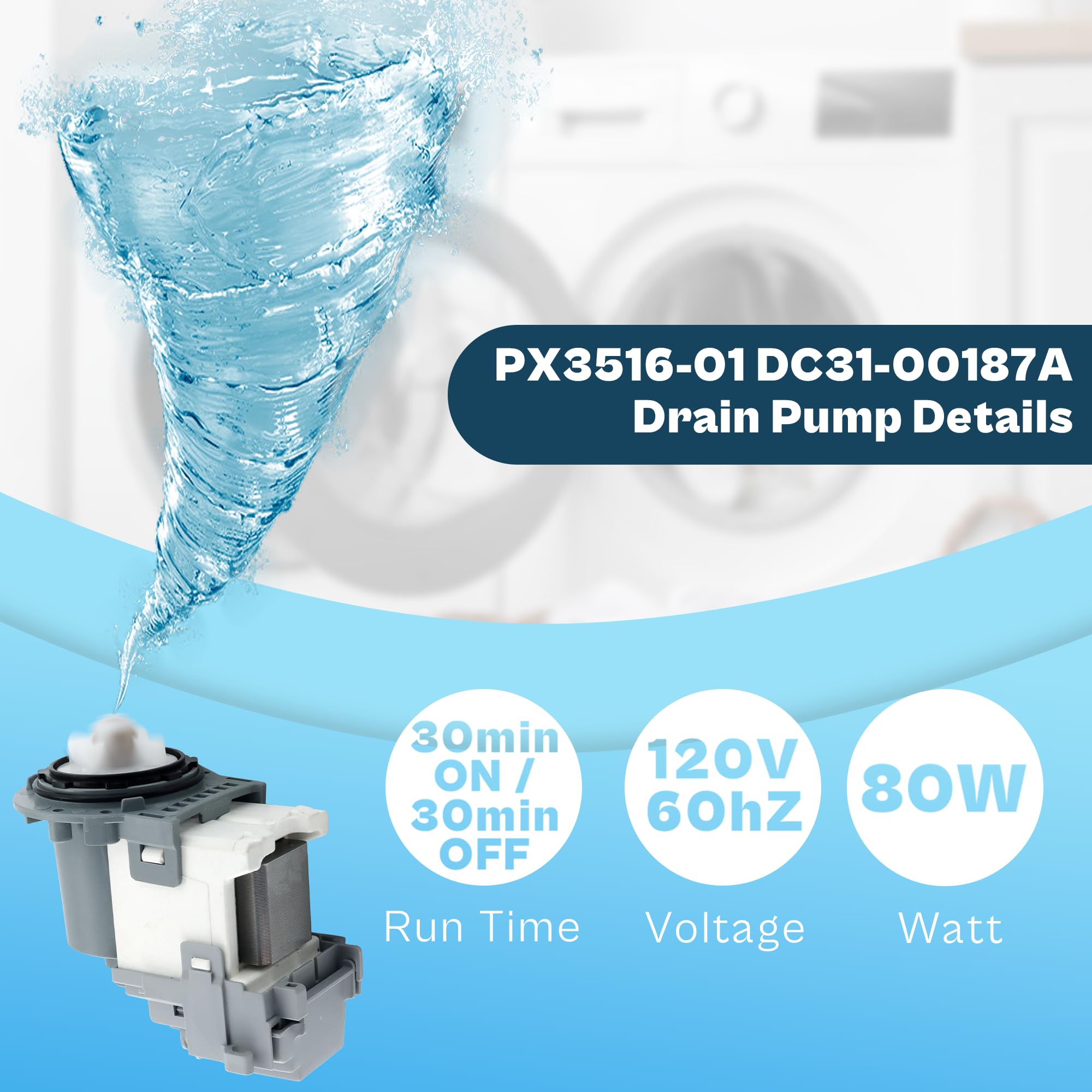 DC97-20621A Washer Drain Pump Motor fit for Samsung OEM Vrt Washer Drain Pump DC31-00178A PX3516-01 DC3100187A DC97-19289F DC97-19280F DC31-00178D B35-3A B40-3 WF42H5000AW by prime&swift - Image 6