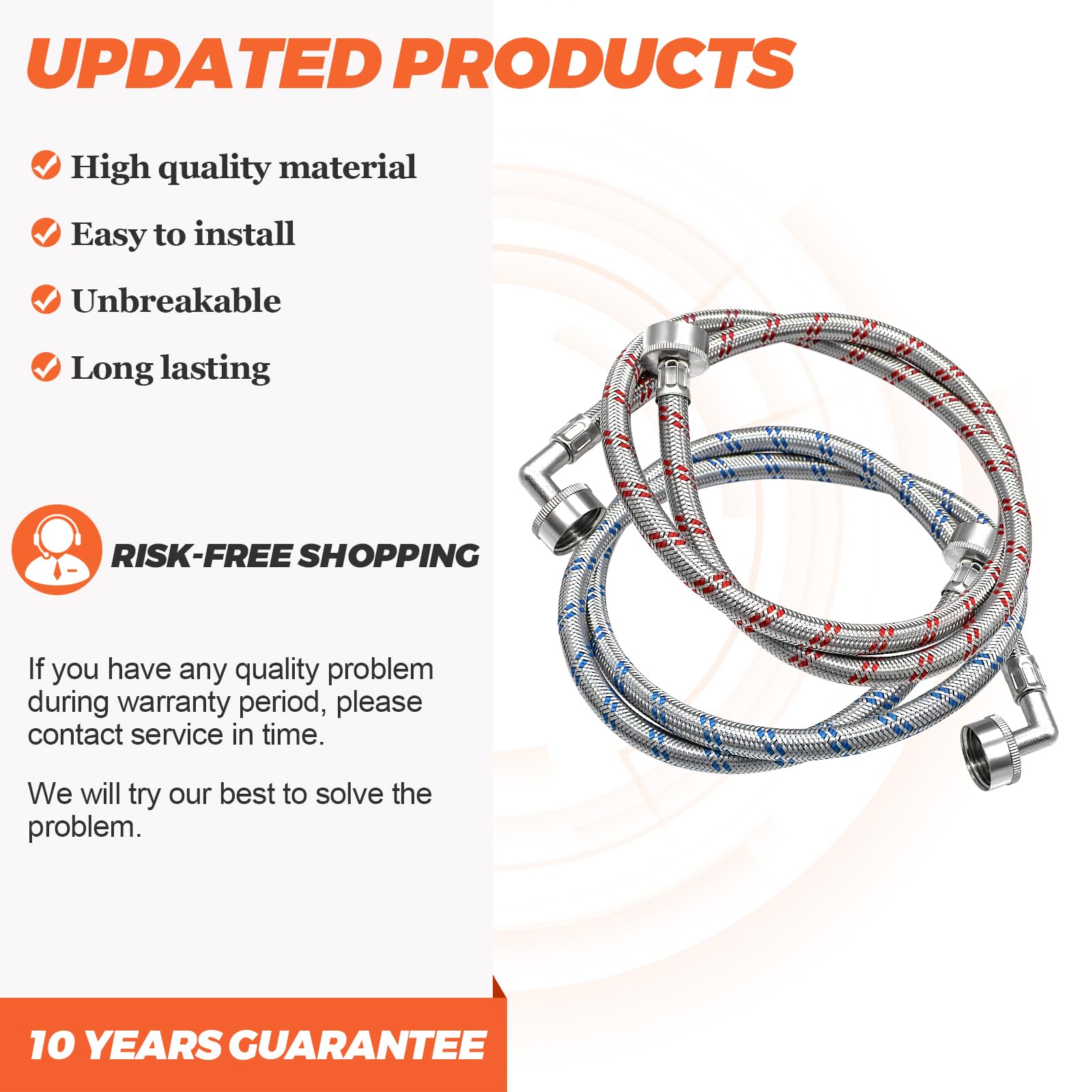 6FT Washer Stainless Steel Hoses with 90 Degree Elbows by Beaquicy - Burst Proof 3/4" FHT Standard Thread - 2 Pack Red and Blue Braided Hoses for Hot and Cold Water Supply - 10 Year Warranty - Image 5