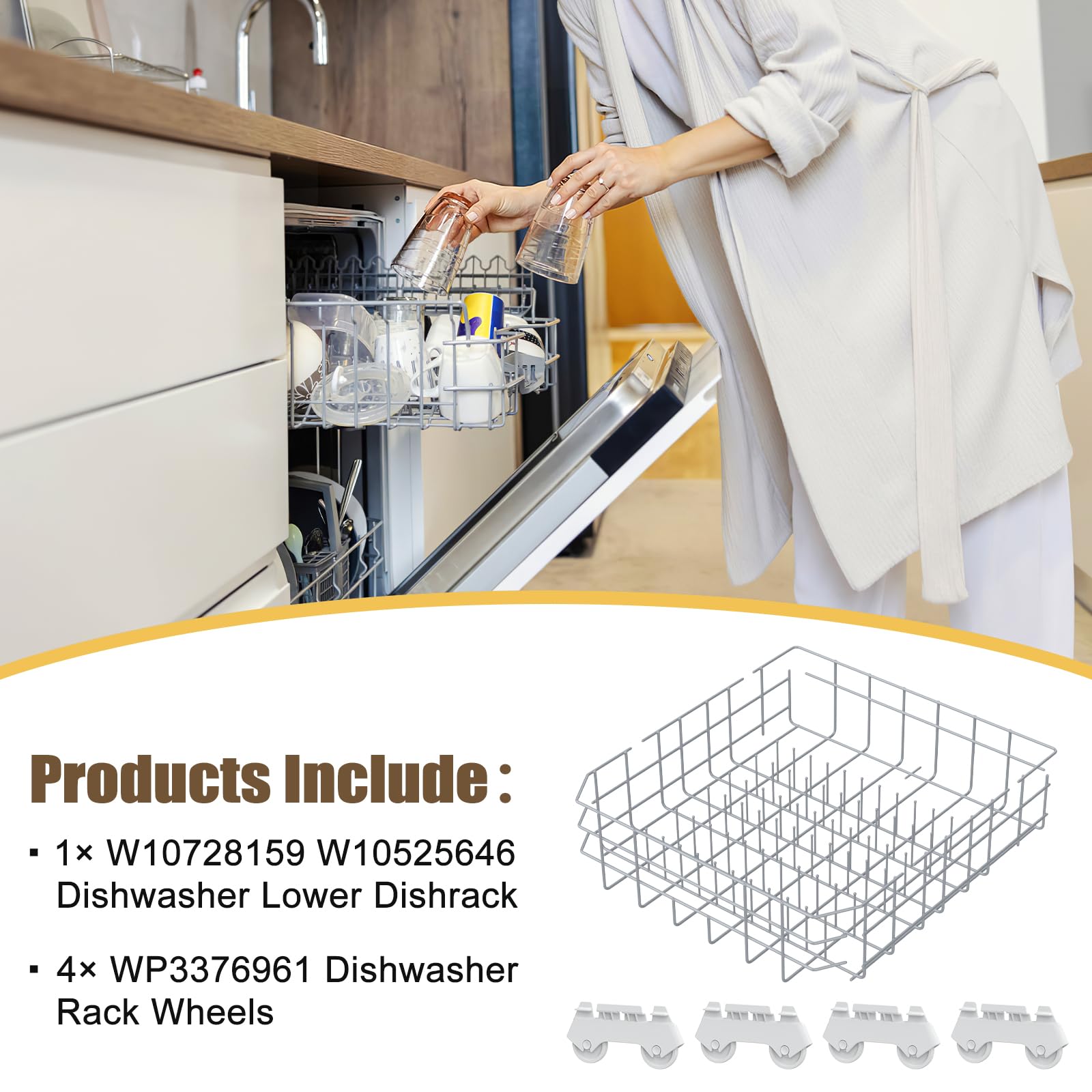 UPGRADED W10728159 W10525646 Dishwasher Lower Rack Replacement Compatible with Whirlpool Dishwasher Rack, Replace W10315890 W10078180 Kitchenaid Kenmore Elite Dishwasher Bottom Rack & WP3376961 wheels - Image 6