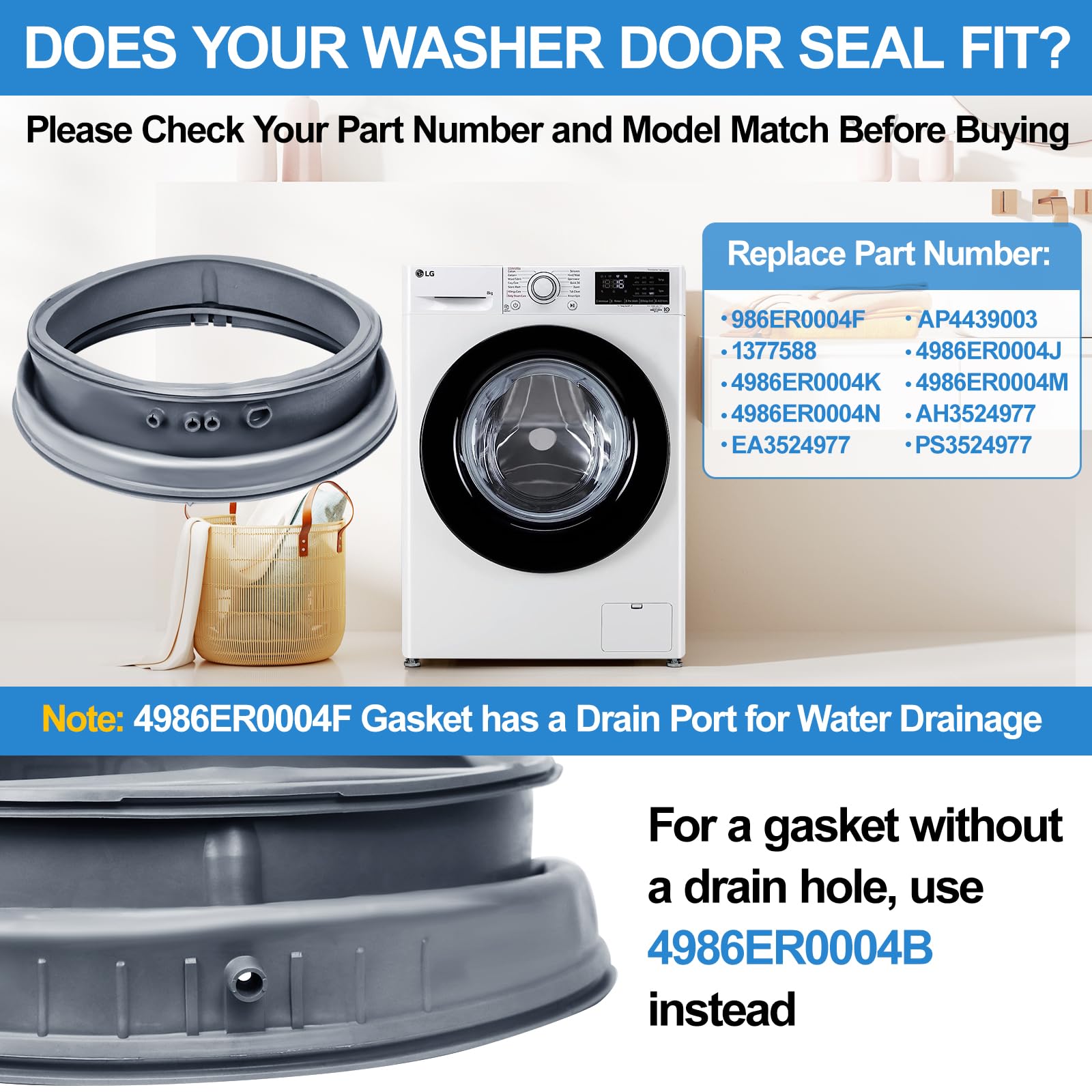 Upgraded 4986ER0004F Washer Door Boot Gasket Compatible with Kenmore LG Front Load Washer Door Seal Parts 4986ER0004J 4986ER0004K LG Washer Door Gasket WM2250CW WM2101HW WM2050CW WM2301HR Rubber Seal - Image 3