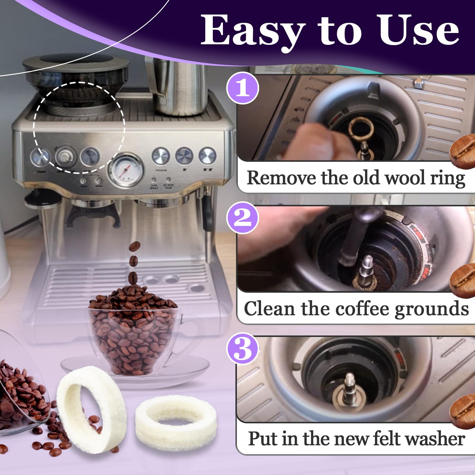 9 Pcs Felt Washer Replacement for Breville Espresso Machine Grinders,Burr Washer Part Compatible with BES870, BES878, BES880, BES980, BES990, BCG600, BCG820,Wool Ring Espresso Machines Accessories - Image 4