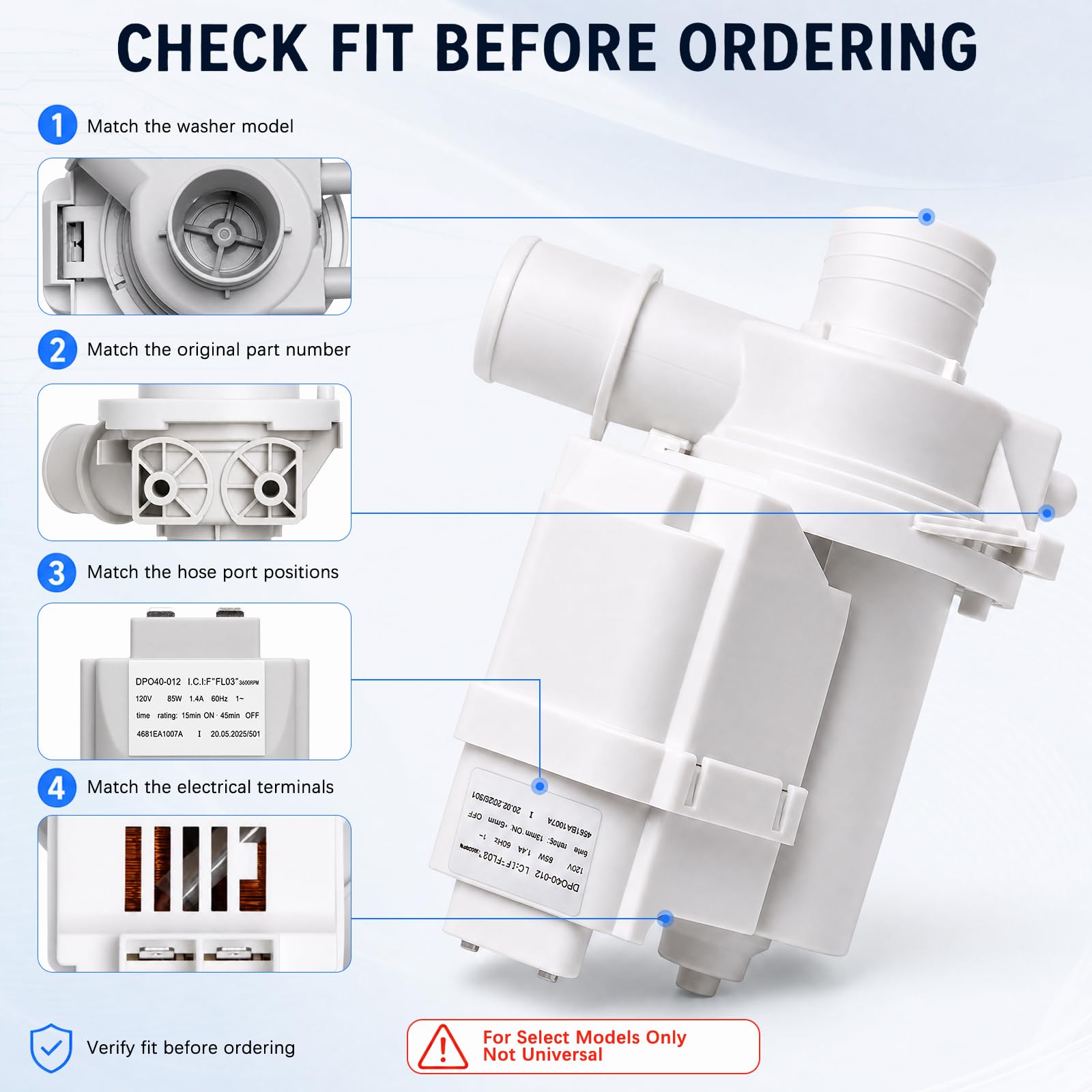 4681EA1007A Washer Drain Pump, DP040-012 Drain Pump Motor Assembly Replacement for LG & Kenmore Top Load Washers, Replaces 2649379 WT1101CW WT1201CV WT1501CW 79631513210, 120V 60Hz 85W - Image 6