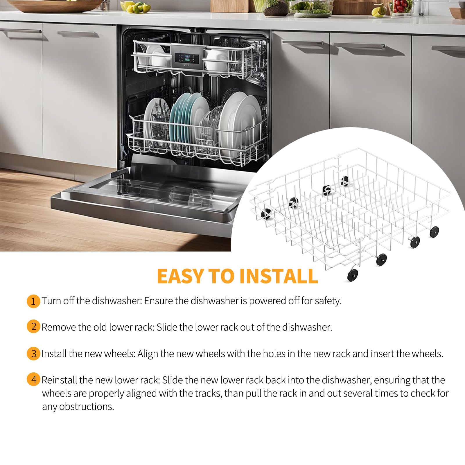 Allstare 808602302 Dishwasher Lower Rack Replacement for Frigidaire Kenmore Dishwasher Parts Lower Dishrack Assembly with 154174501 Wheels 154432602 FDB1050REB0 Dishwasher Bottom Rack -22" x 20.9"