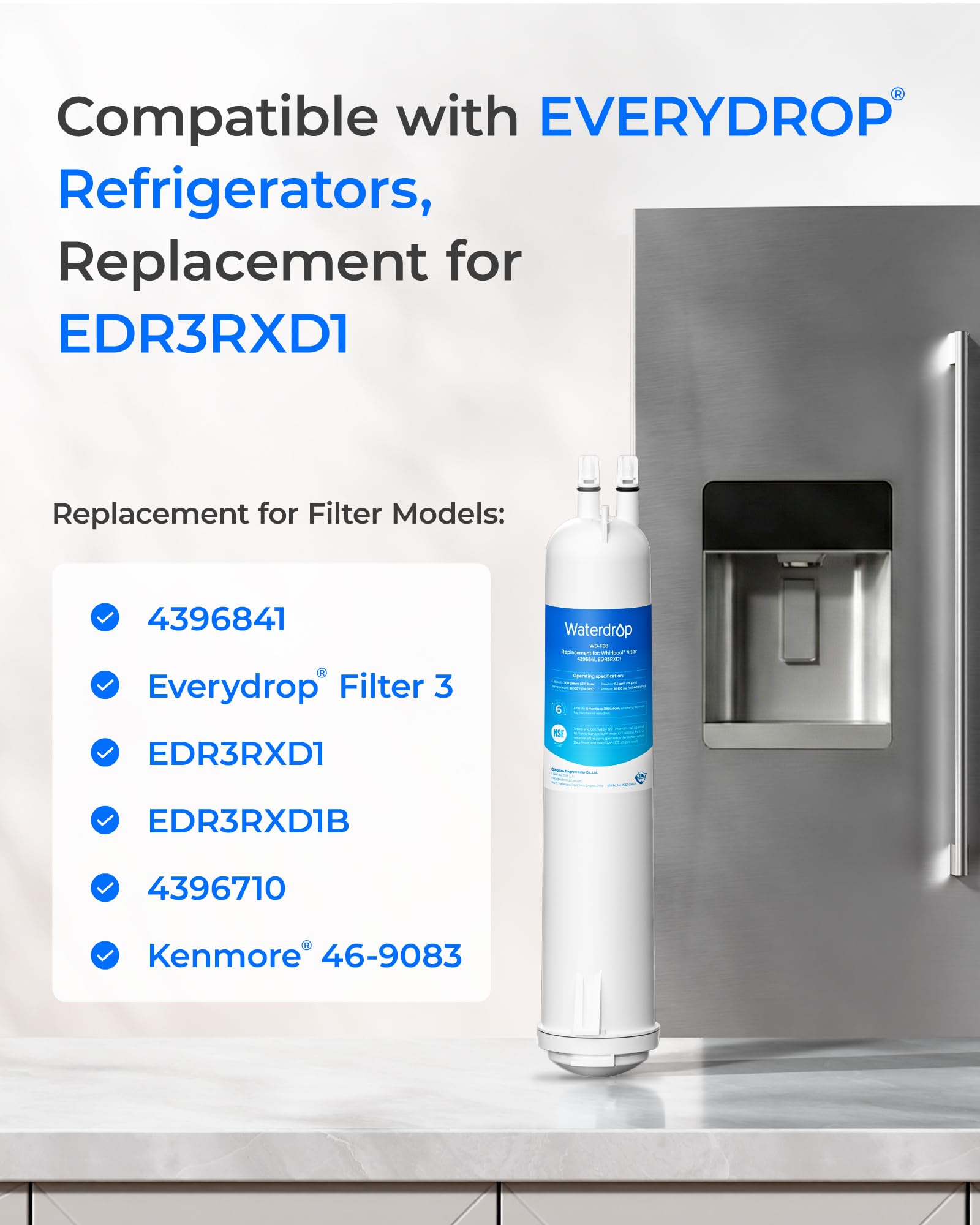 Waterdrop EDR3RXD1 Replacement for Everydrop® Filter 3, 4396841, 4396710, Kenmore® 46-9083, 46-9030, WD-F08 Refrigerator Water Filter, 3 Filters - Image 4