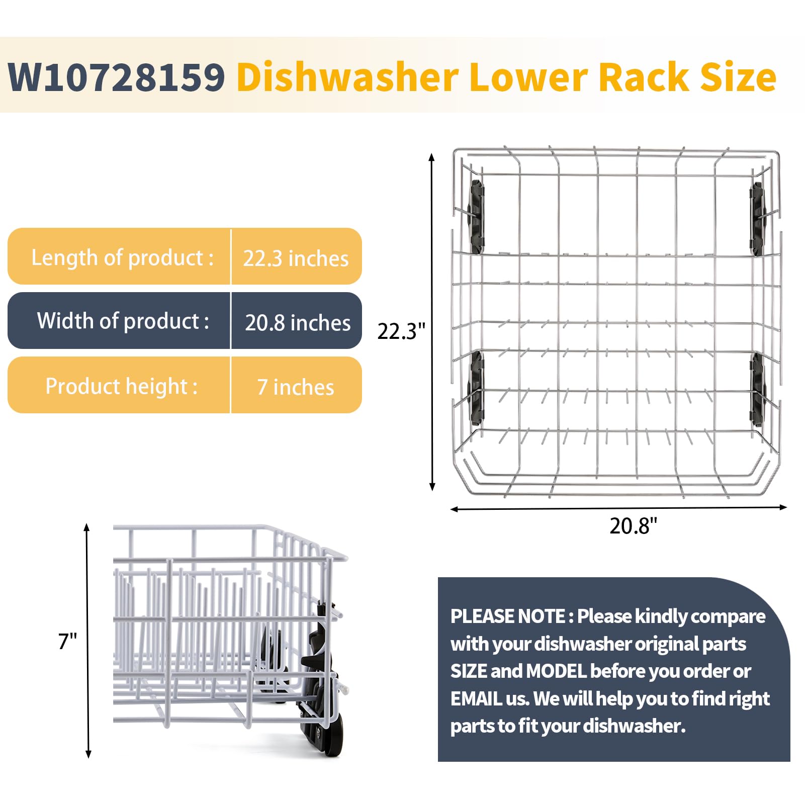 Stainless Steel W10728159 Dishwasher Lower Rack Replacement for KitchenAid Maytag Dishwasher Parts with Wheels W10525646 KDFE104DSS2 Lower Dishrack 22" x 20.7" Whirlpool Dishwasher Bottom Rack Drawer