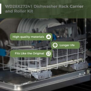 WD28X27241 Dishwasher Rack Carrier and Roller Kit Compatible GE Dishwasher Lower Rack Wheels Assembly, Fits L and R Side. Exact Fit Replaces WD12X28078 WD12X10438 WD12X10439 WD12X10446 1PCS