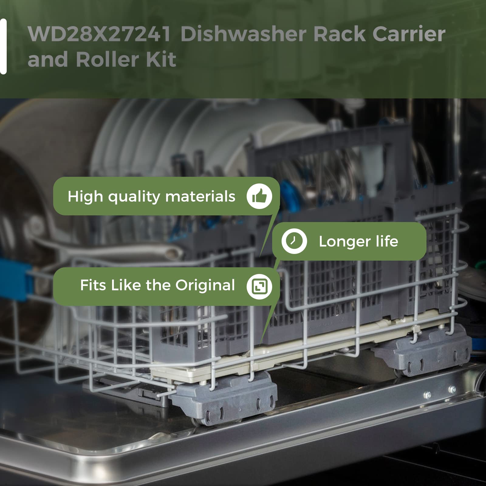 WD28X27241 Dishwasher Rack Carrier and Roller Kit Compatible GE Dishwasher Lower Rack Wheels Assembly, Fits L and R Side. Exact Fit Replaces WD12X28078 WD12X10438 WD12X10439 WD12X10446 1PCS