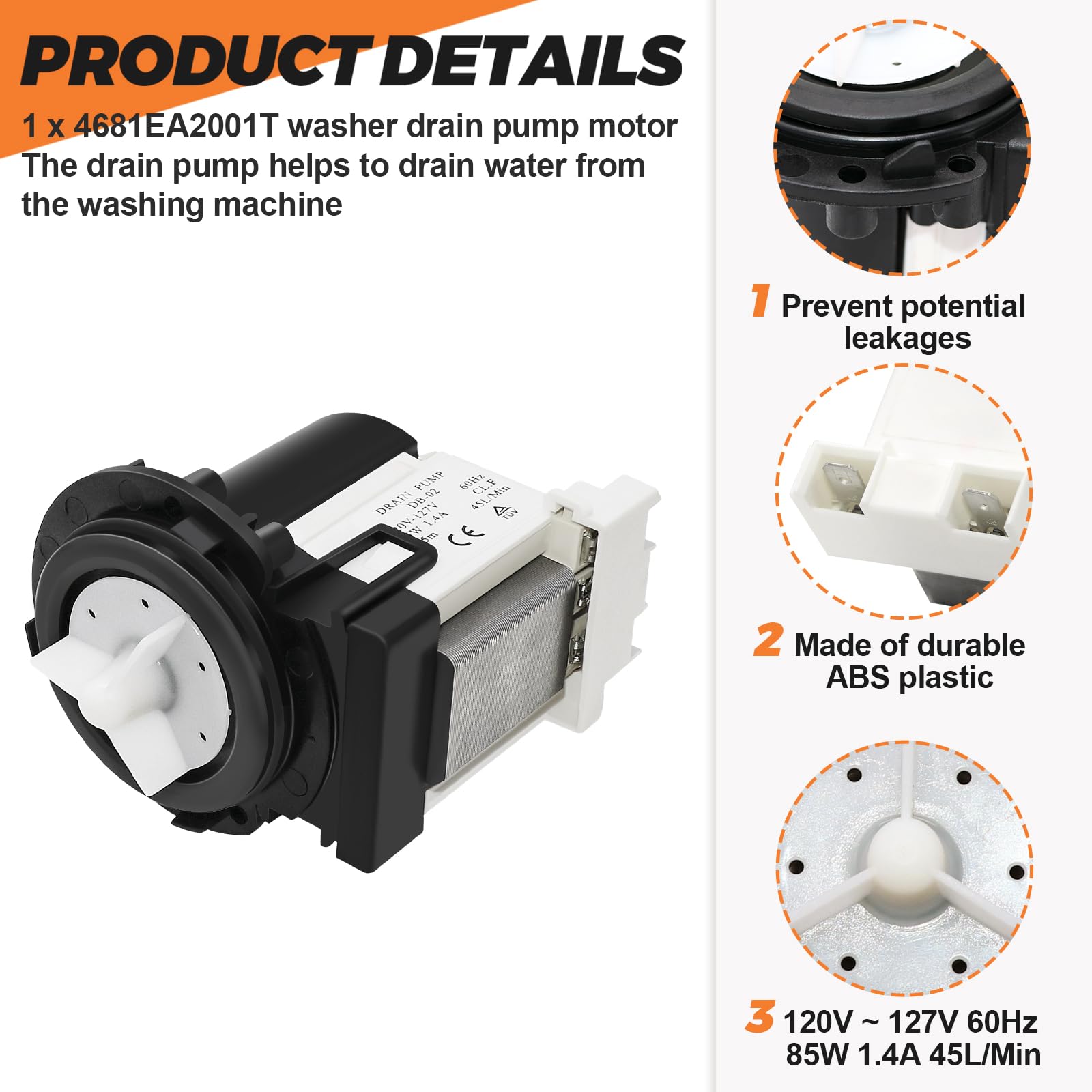 【𝟮𝟬𝟮𝟲 𝗨𝗽𝗴𝗿𝗮𝗱𝗲𝗱】4681EA2001T Washer Drain Pump Motor Replace for Kenmore&LG Washer Replacement AP5328388 4681EA1007G for Drain Pump Washing Machine WM2101HW WM3270CW WM3431HS - Image 3
