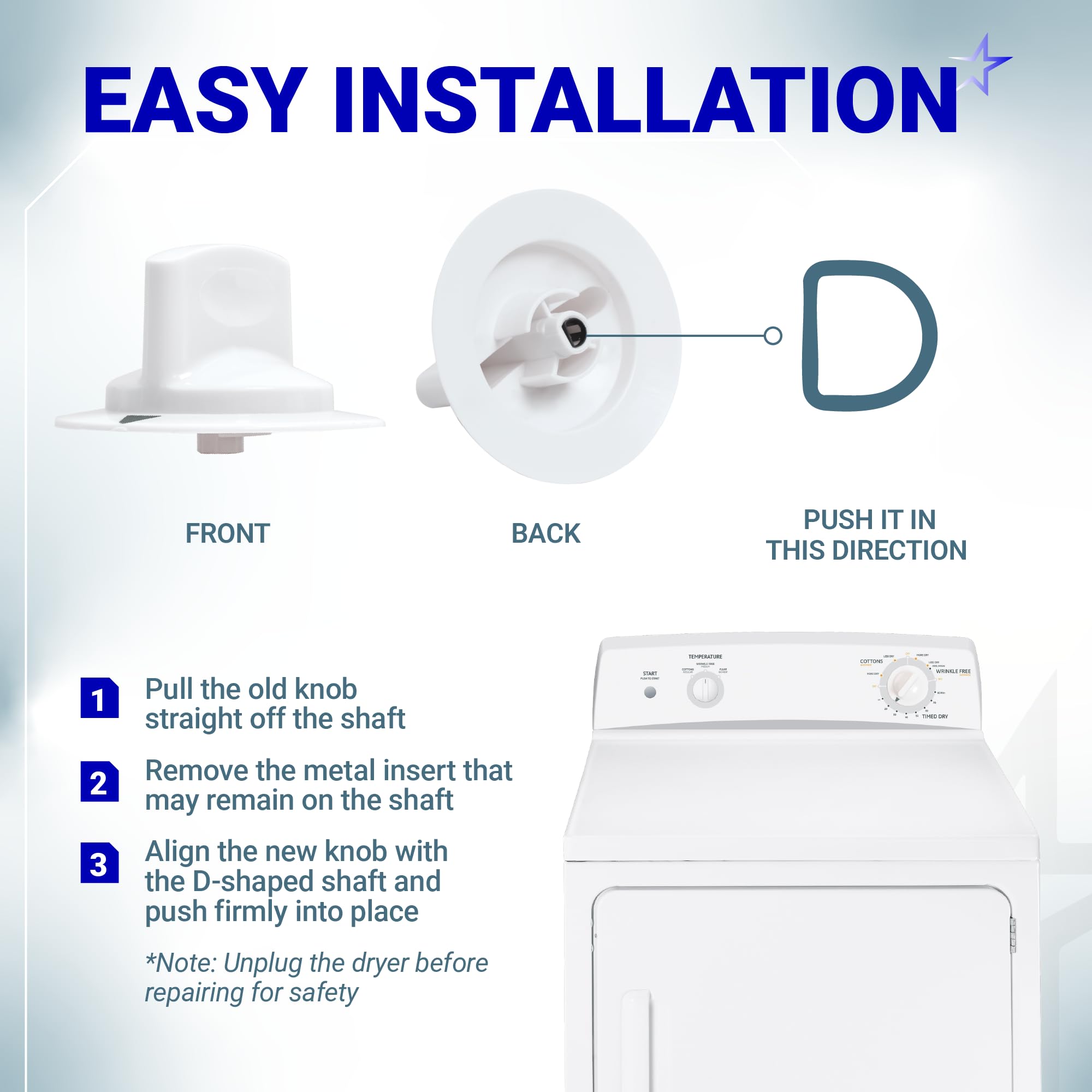 BlueStars WE1M652 Dryer Timer Control Knob with Upgraded Metal Ring - Compatible with Hotpoint HTDX100EM8WW HTDX100ED6WW HTDX100EM6WW HTDX100GM8WW HTDX100ED2WW GE Dryers 1264289 AP3995164 PS1482196 - Image 6