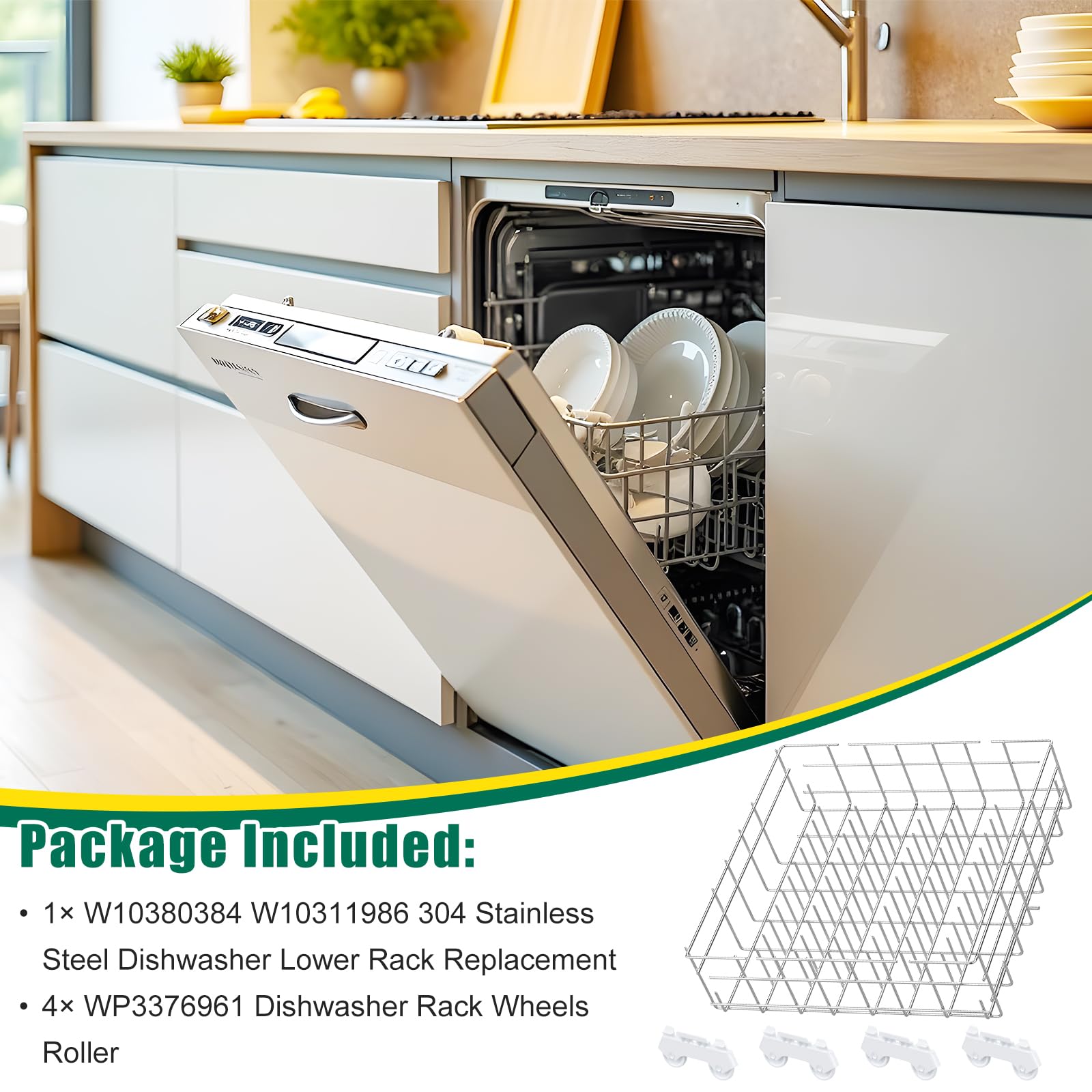 Upgraded 304 Stainless Steel W10311986 W10380384 Dishwasher Lower Rack Replacement for Whirlpool Dishwasher Bottom Rack 300563, DU911PCDQO with WP3376961 Wheels - Image 8
