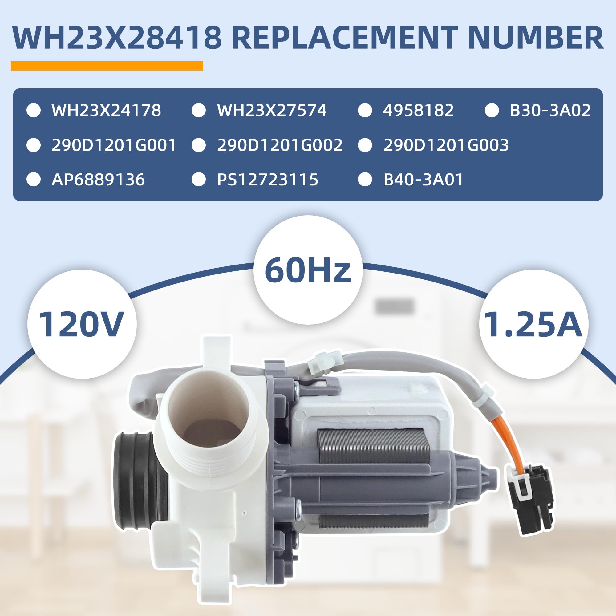 WH23X28418 290d1201g003 290d1201g001 Washer Drain Pump & Motor Assembly Replacement Compatible with G-E Hot-point Washers, Replace WH23X24178 WH23X27574 B40-3A01 B30-3A02 By Fetechmate - Image 5