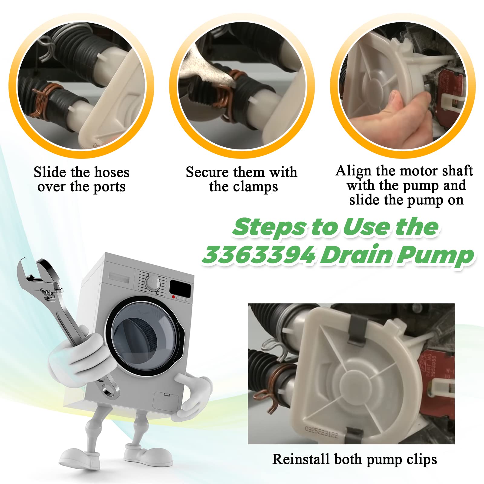 Techecook 3363394 Washing Machine Pump Replacement for Kenmore Maytag Whirlpool washer drain pump wp3363394vp 3352492 3348215 3348015 3348014 ap6008107 ps11741239 eap11741239 washer water pump