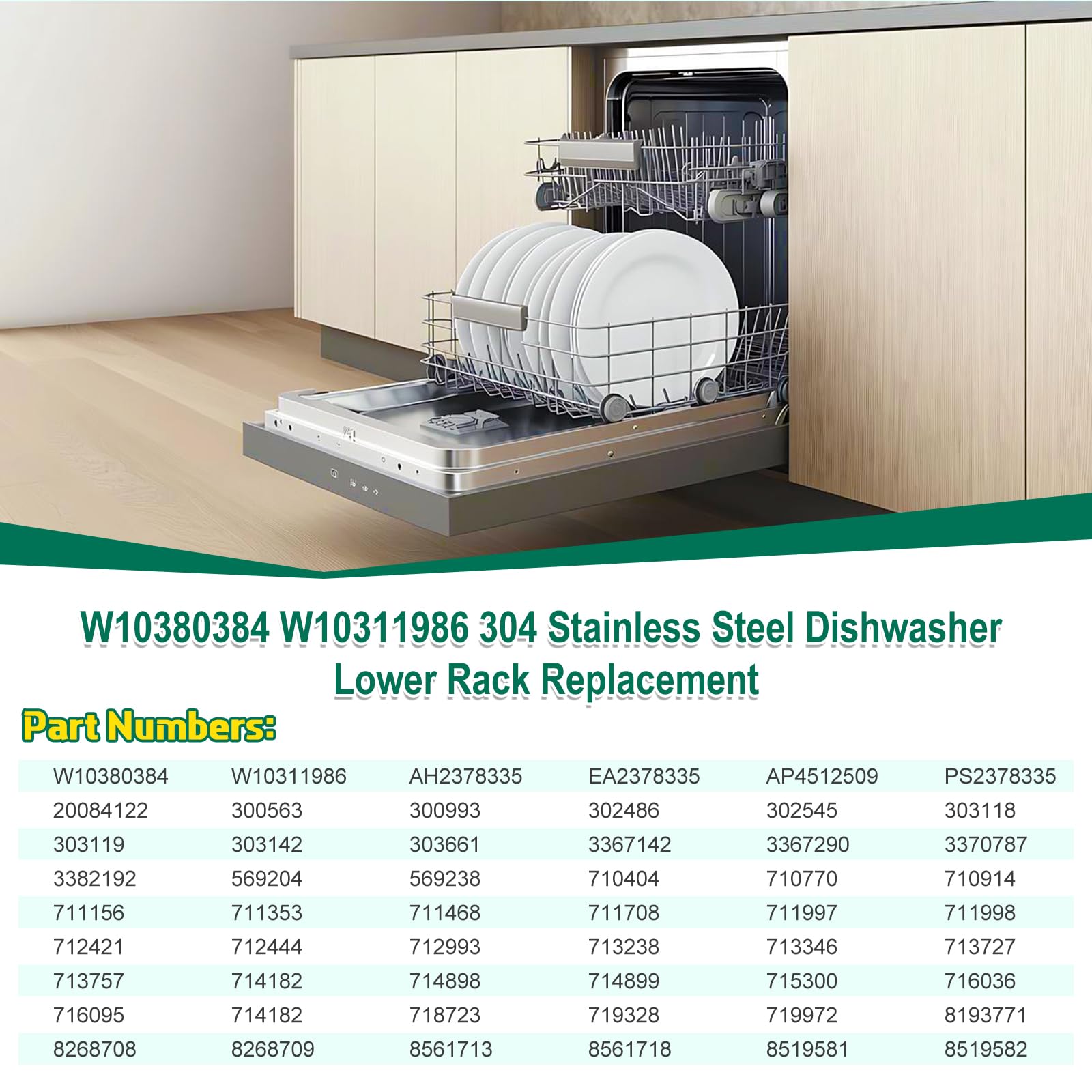 Upgraded 304 Stainless Steel W10311986 W10380384 Dishwasher Lower Rack Replacement for Whirlpool Dishwasher Bottom Rack 300563, DU911PCDQO with WP3376961 Wheels - Image 7