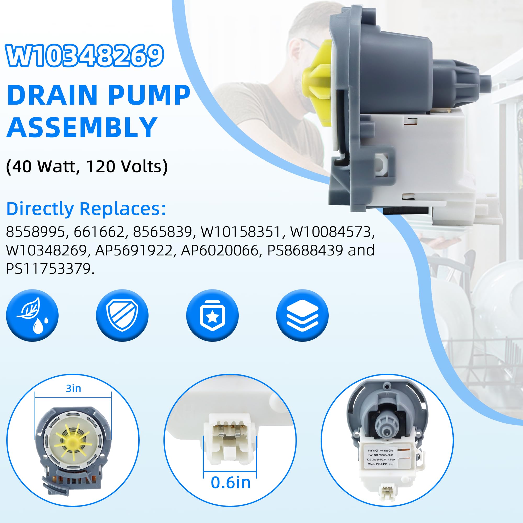 W10348269 Dishwasher Drain Pump Fit for Kenmore Whirlpool may-tag Dishwasher WDT750SAHZ0, WDF520PADM7, WDT730PAHZ0, WPW10348269, W10084573, W10158351, AP6020066, 661662, 8565839, 8558995 by AMI PARTS - Image 3
