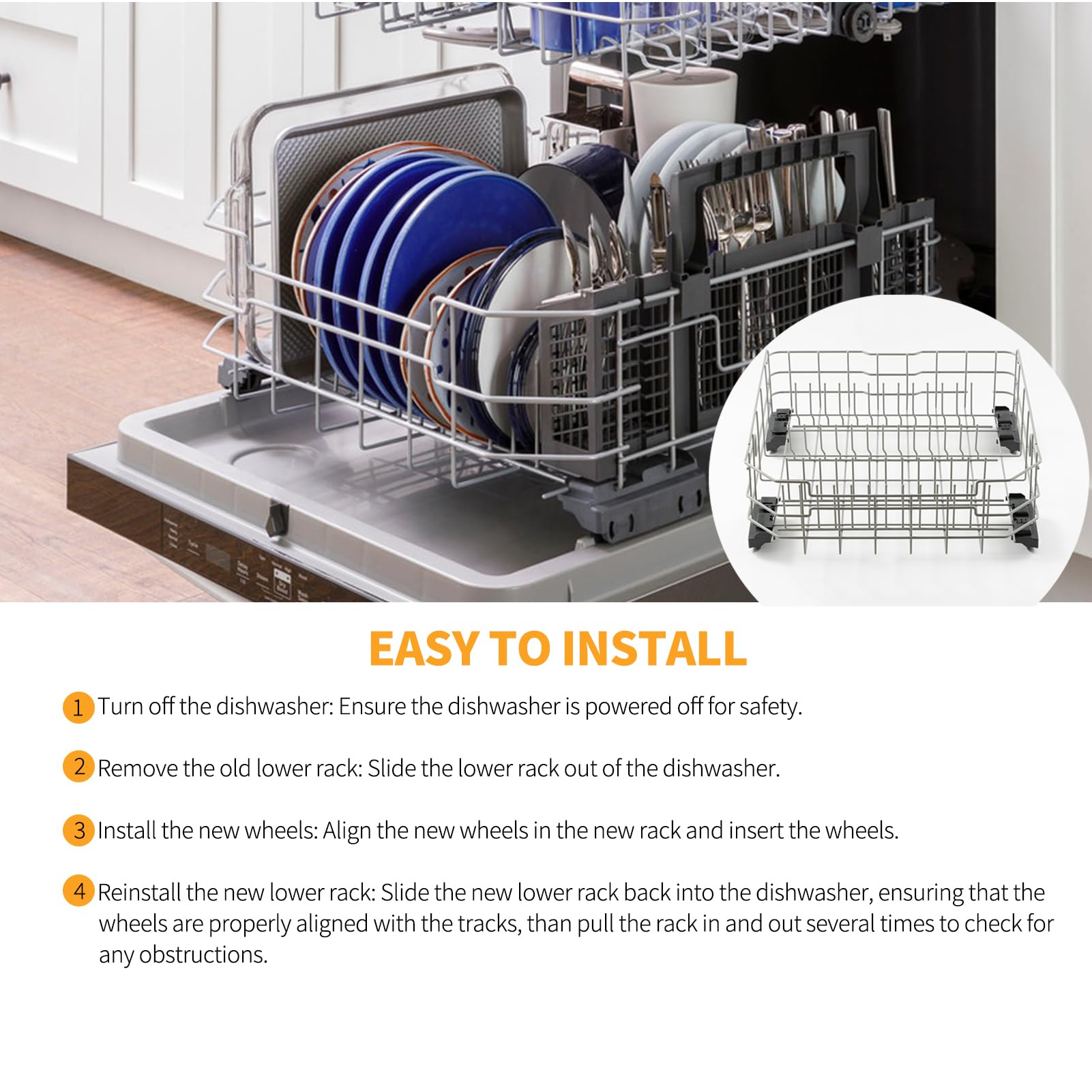 Allstare WD28X26099 WD28X34744 Dishwasher Rack Replacement for GE Dishwasher Parts Lower Dishrack WD28X24396 GDF510PSR3SS GDF510PSM0SS GDF535PSR0SS GE Dishwasher Bottom Rack Wheels Drawer Tray - Image 3