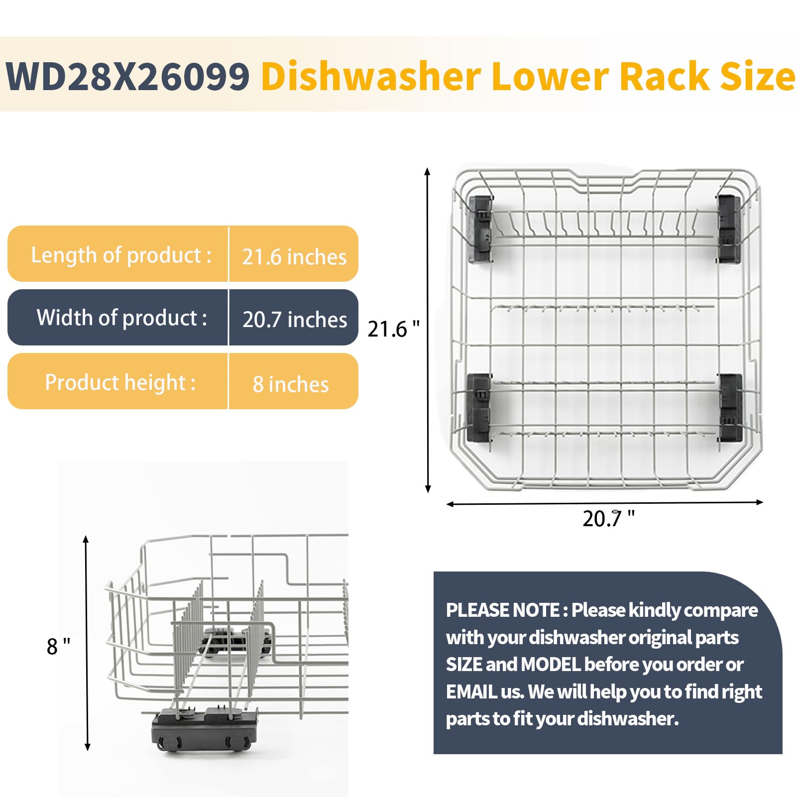 Allstare WD28X26099 WD28X34744 Dishwasher Rack Replacement for GE Dishwasher Parts Lower Dishrack WD28X24396 GDF510PSR3SS GDF510PSM0SS GDF535PSR0SS GE Dishwasher Bottom Rack Wheels Drawer Tray