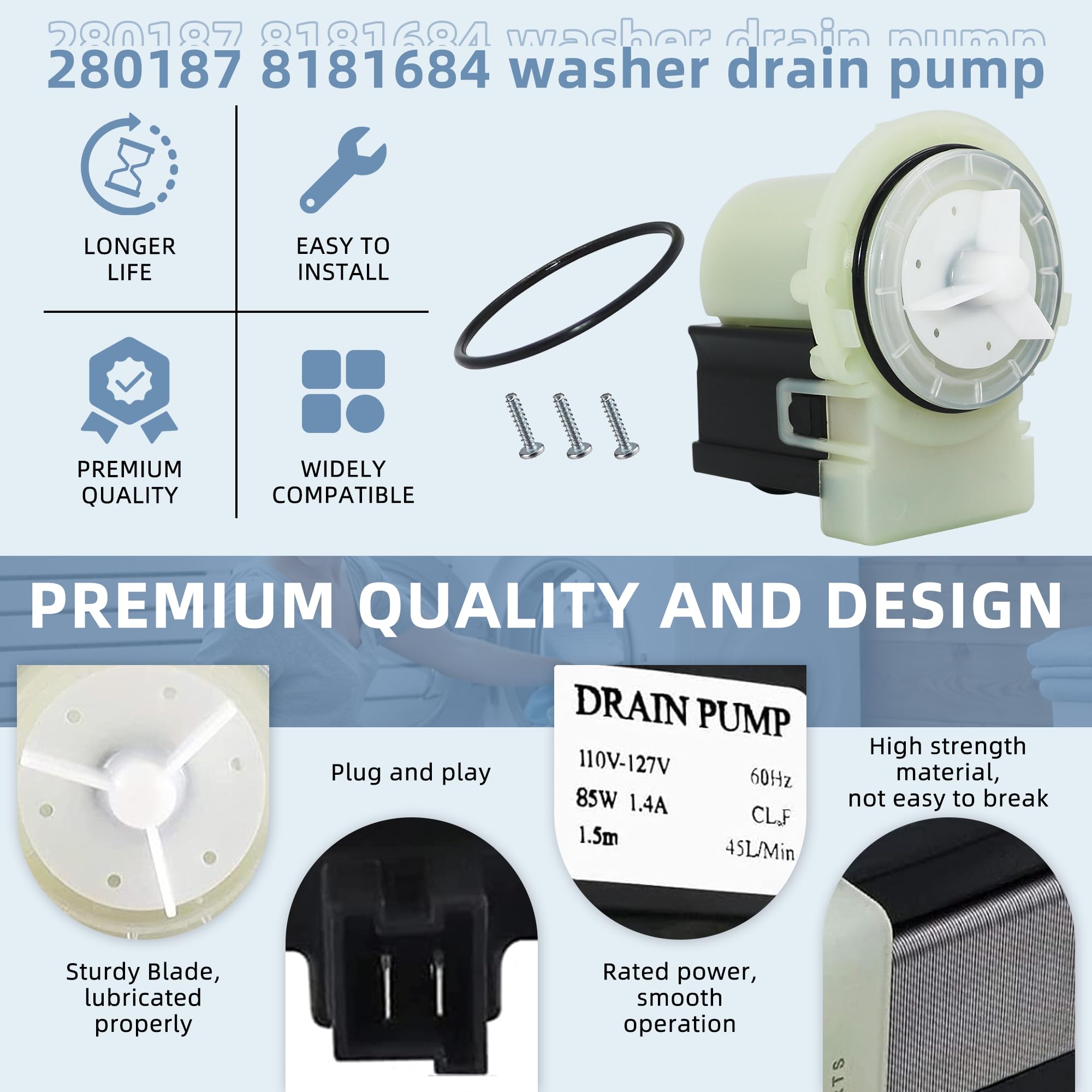 280187 8181684 Washer Drain Pump Motor Fit for Whirl-pool May.tag
