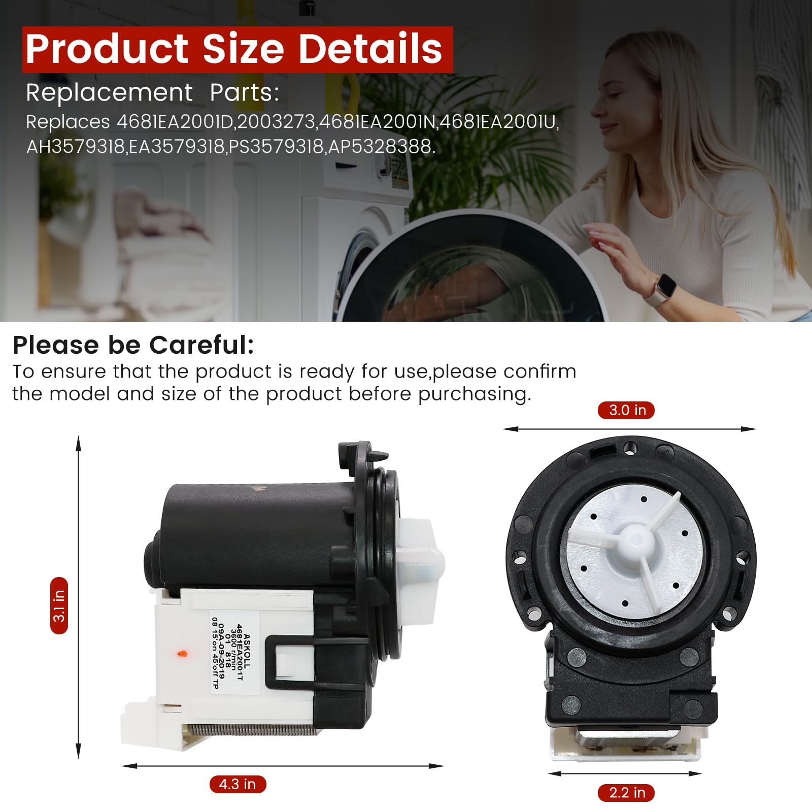 【2026 Upgraded 𝐎.𝐄.𝐌】4681EA2001T WM2455HW WM4370HWA WM3270CW WM3431HS WM3770HVA Washer Drain Pump ASKOLL Motor Replaces KenMore LG M3379-65468 Front load washer drain pump motor by Puxyblue - Image 4