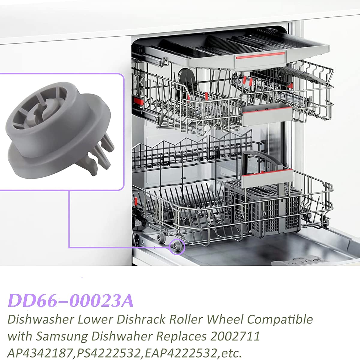 4-pack DD66-00023A Dishwasher Wheels Lower Upper Rack Roller (4-Pack) - Compatible Replacement for Samsung Dishwasher DD61-00222A