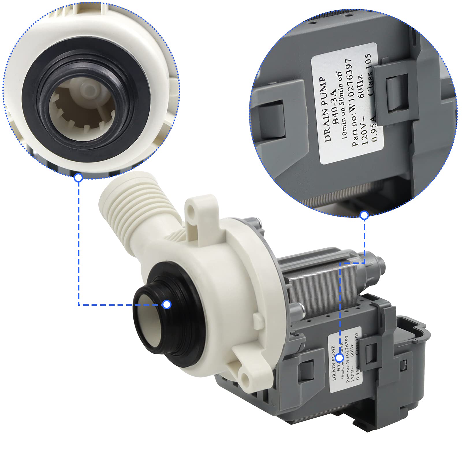 W10276397 Washer Drain Pump for Whirlpool Kenmore Mayt-ag Washing Machine-Replaces WPW10276397VP B40-3A 1874334 AP6018417 LP397(10 Years WARRANTY) - Image 4