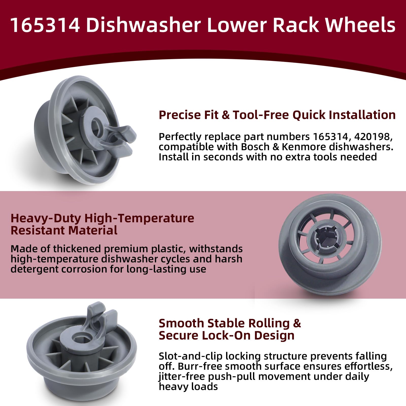 Dishwasher Lower Rack Wheel, 4 Pack 165314 Dishwasher Wheels, Dish Rack Wheels Fit for Bosch Kenmore Dishwasher, Replace Part Number 420198 AP2802428 PS3439123