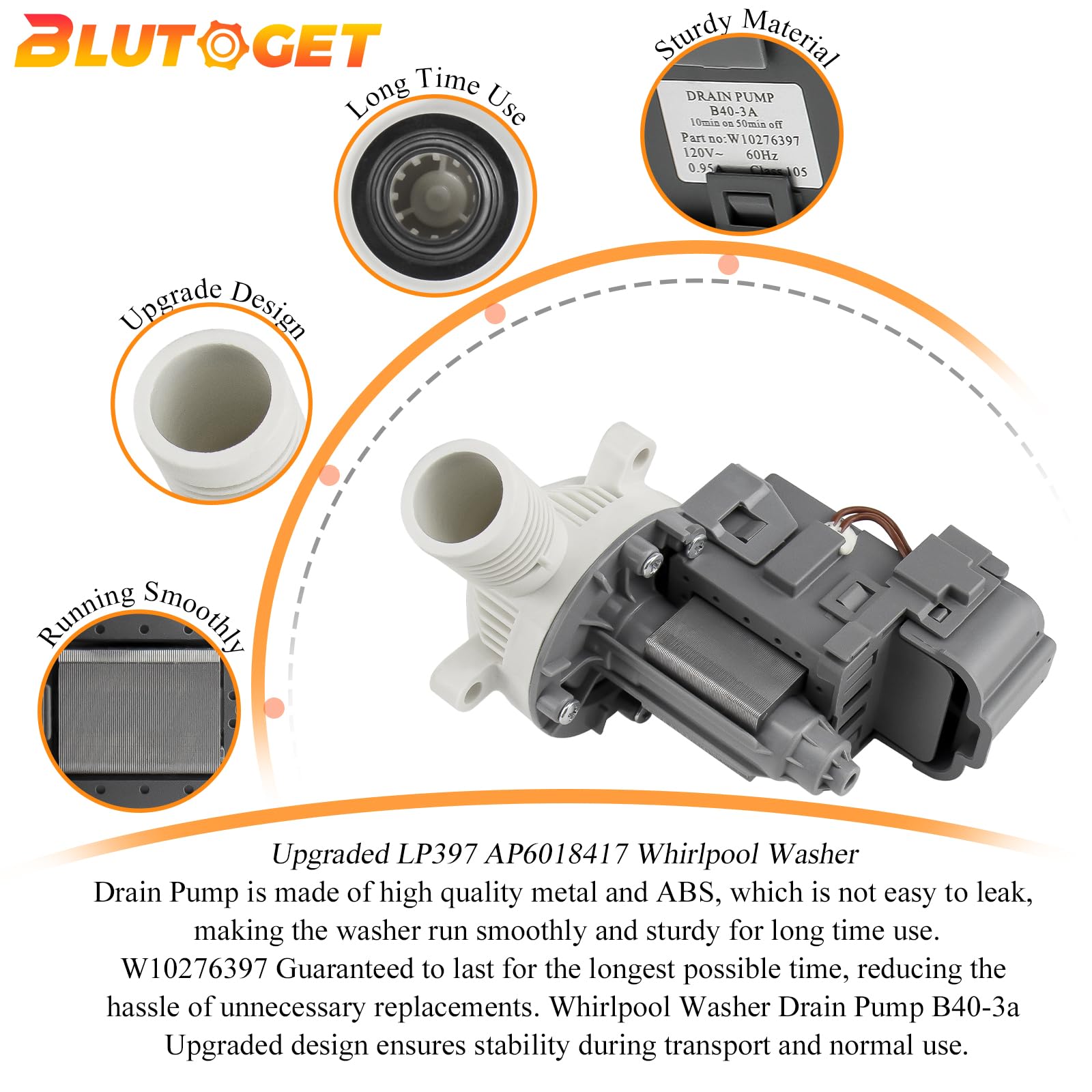 2026 UPGRADE W10276397 Washer Drain Pump by Blutoget -FIT for Whirlpool kenmore May.tag Washer- B40-3A drain pump Replacement for LP397 1874334 AP6018417 PS11751719 EAP11751719-10 Years WARRANTY - Image 4