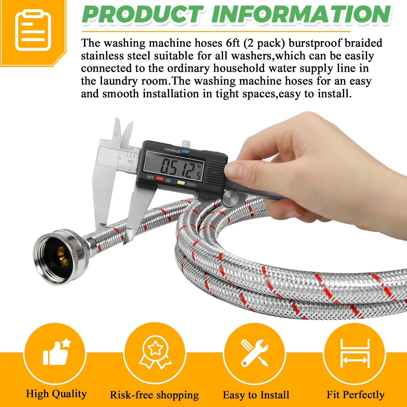 6Ft Stainless Steel Washing Machine Hoses Burst Proof Hot and Cold Water Supply Hoses Universal for All Washers by Techecook - 2Pack Premium Water Supply Lines - 10 Years Warranty - Image 5